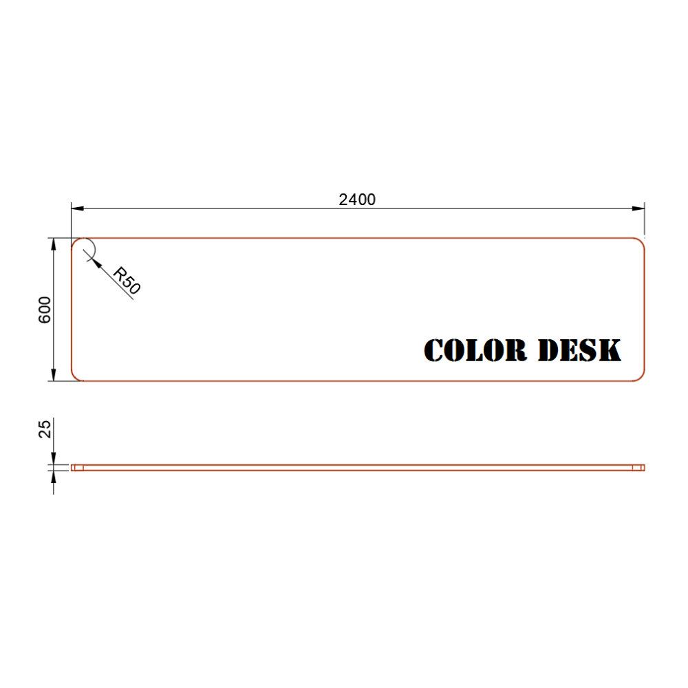 СТОЛЕШНИЦА 2400х600х25 ММ ДЛЯ ПИСЬМЕННОГО СТОЛА ФИГУРНАЯ (СО СКРУГЛЁННЫМИ УГЛАМИ) 1
