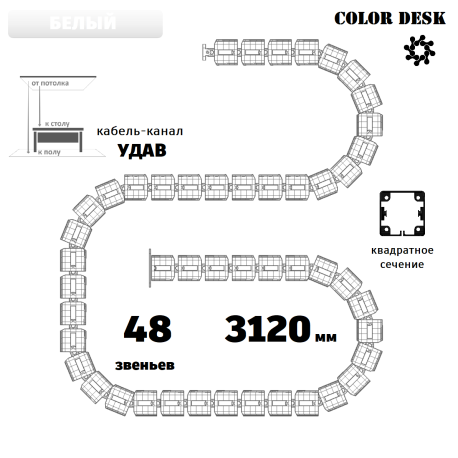 УДАВ-48 (3120 ММ) БЕЛЫЙ ГИБКИЙ КАБЕЛЬ-КАНАЛ КВАДРАТНОГО СЕЧЕНИЯ ОТ ПОТОЛКА К ПОЛУ ИЛИ СТОЛУ 1