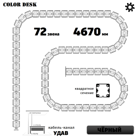УДАВ-72 (4670 ММ) ЧЁРНЫЙ ГИБКИЙ КАБЕЛЬ-КАНАЛ КВАДРАТНОГО СЕЧЕНИЯ ОТ ПОТОЛКА К ПОЛУ ИЛИ СТОЛУ 1