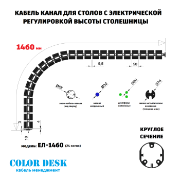 КАБЕЛЬ-КАНАЛ COLOR DESK EЛ-1460 СЕРЕБРЯНЫЙ МЕТАЛЛИК ДЛЯ ПРОВОДОВ СТОЛОВ С ЭЛЕКТРИЧЕСКОЙ РЕГУЛИРОВКОЙ ВЫСОТЫ 7